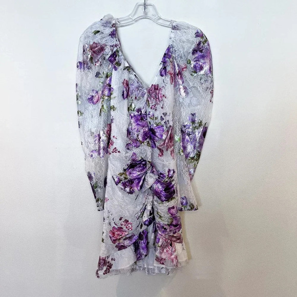 For Love & Lemons Purple Metallic Floral Lace Ruffle Cut Out Cocktail Mini Dress - Picture 5 of 13